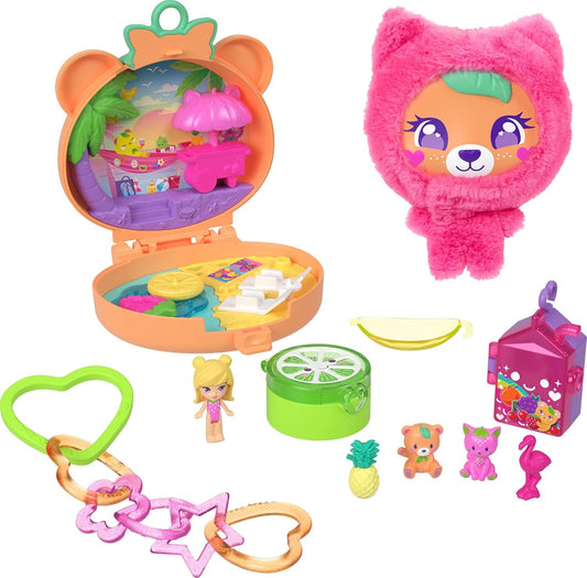 Polly Pocket Doll & Pets Playset, Plushie Bear Compact, Keychain and Plush with Fruit Theme Accessories and Charms
