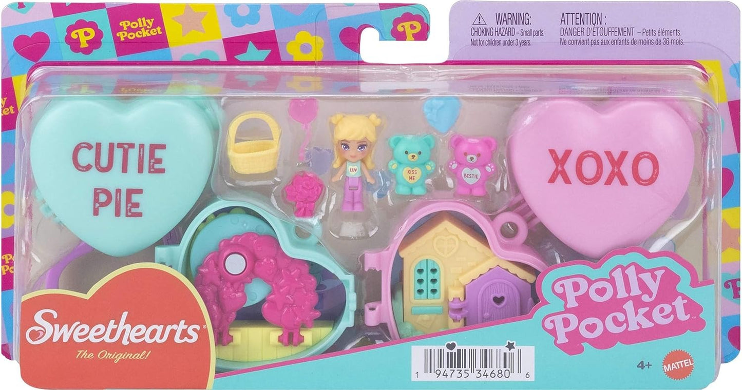 Polly Pocket x Sweethearts, Micro Doll & 2 Playsets with 7 Themed Accessories & Keychain Clip, Travel Toy, Partnership Compact