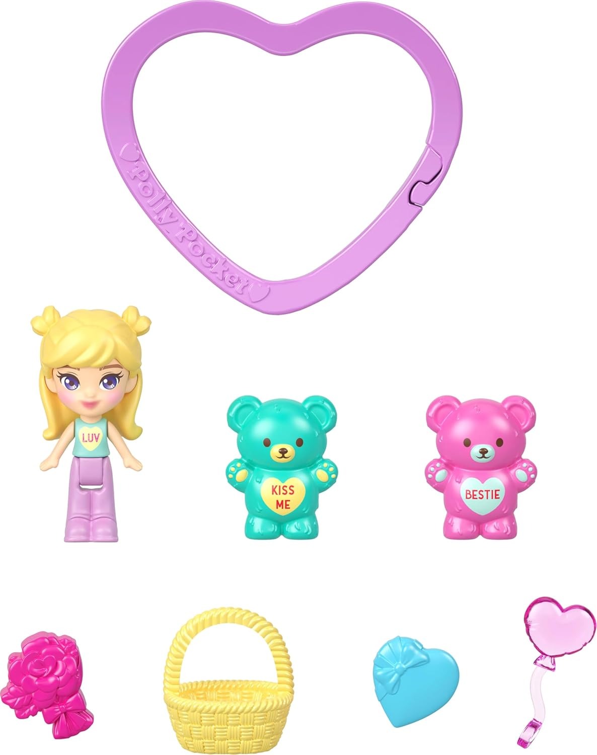 Polly Pocket x Sweethearts, Micro Doll & 2 Playsets with 7 Themed Accessories & Keychain Clip, Travel Toy, Partnership Compact