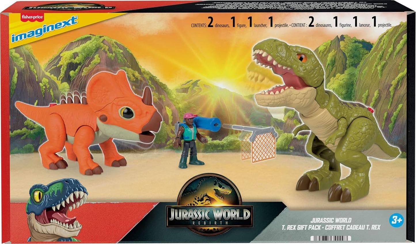 Fisher-Price Imaginext Jurassic World Rebirth Playset, T. tex Toy Gift Pack with 3-inch Human Action Figure, 2 Dinosaurs & Accessories