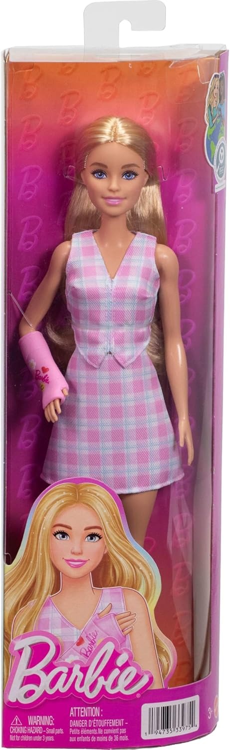Barbie Fashionistas Doll #243 with Blonde Hair and Pink Arm Cast Accessory, Wearing Plaid Top and Skirt with Pink Loafers