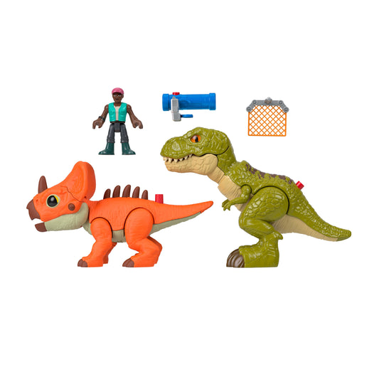 Fisher-Price Imaginext Jurassic World Rebirth Playset, T. tex Toy Gift Pack with 3-inch Human Action Figure, 2 Dinosaurs & Accessories