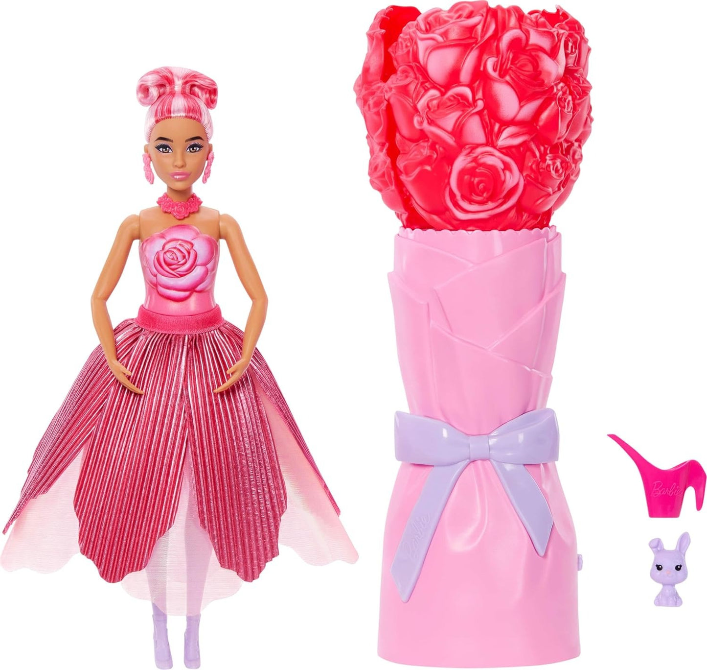 Barbie Petal Pop Scented Doll with Rose Dress & Accessories, Bouquet Reveal with Pet Bunny & Surprises Like Watering Can, Necklace & Earrings