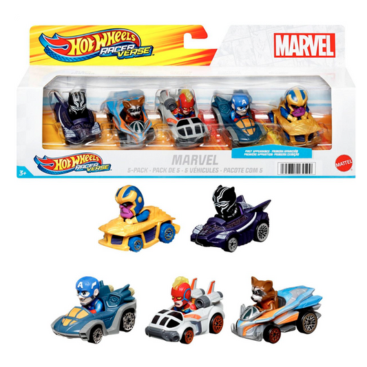 Hot Wheels Marvel RacerVerse 5-Pack of Die-Cast 1:64 Scale Toy Cars with Character Drivers, Use On or Off Hot Wheels Track