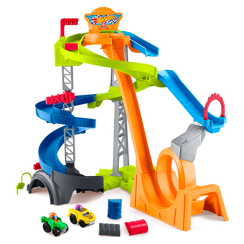 Fisher-Price Little People Toddler Toy Hot Wheels Spiral Stunt Speedway Race Track Playset with 2 Cars for Pretend Play Kids Ages 18+ Months