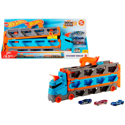 Hot Wheels - Speedway Hauler Storage Carrier with 3 1:64 Scale Cars & Convertible 6-Foot Drag Race Track for Kids 4 to 8 Years Old, Stores 20+ Cars & Connects to Other Playsets