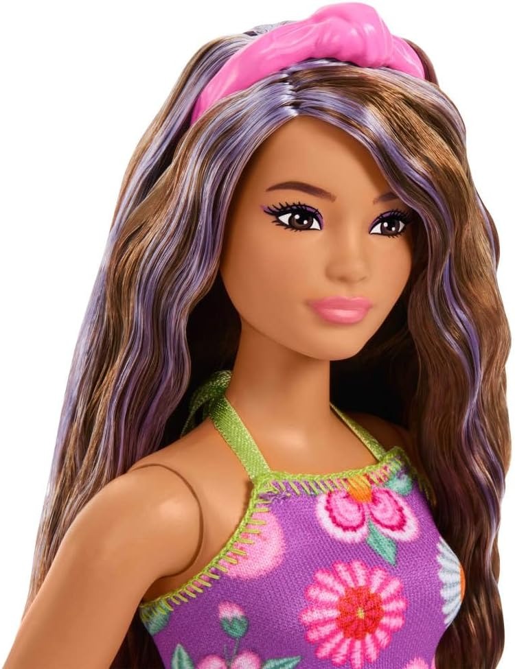 Barbie Fashionistas Doll #244 with Purple-Streaked Brown Hair, Purple Floral Halter Top and Matching Skirt with Accessories Like Headband and Sandals