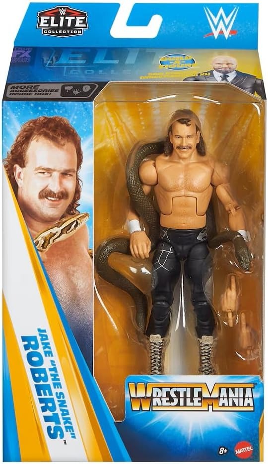 Mattel WWE Elite Collection Action Figure & Accessories, Premium Live Event Jake “The Snake” Roberts Set, Wrestlemania with Sam Roberts Build-A-Figure Parts