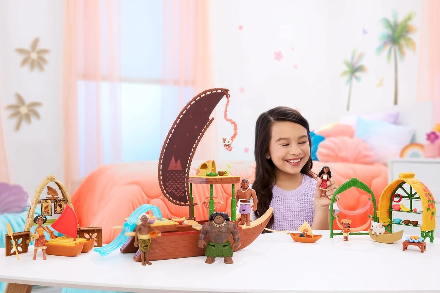 Mattel Disney Moana 2 Toys, Moana’s Canoe Crew Playset with 5 Small Dolls in Signature Outfits & 3 Accessories, Inspired by The Movie