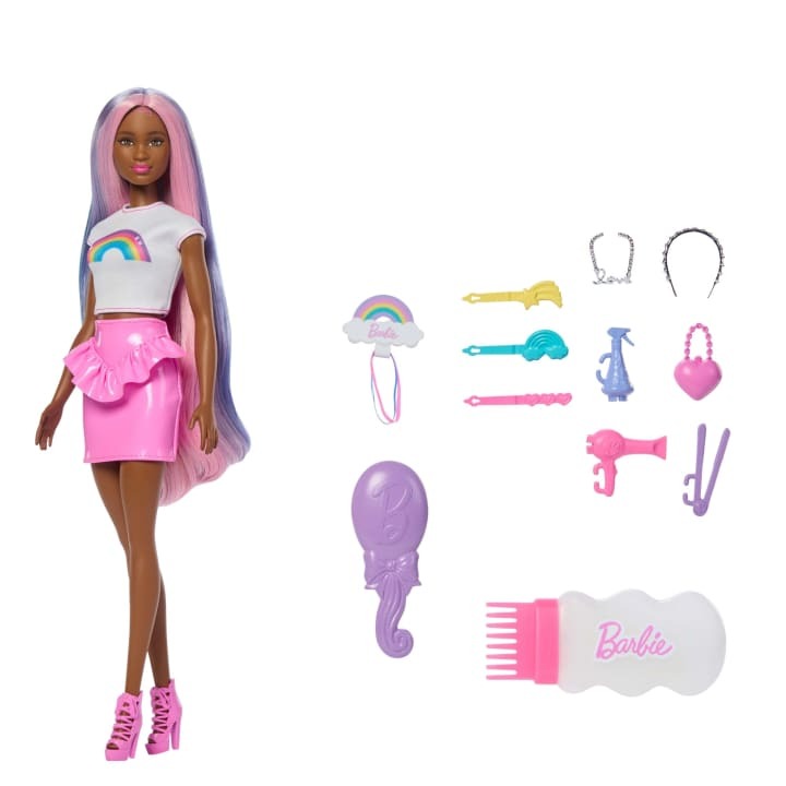 Barbie Rainbow Sparkle Hair Doll, Extra-Long and Colorful Hair with 12 Styling Accessories Like Glitter Tube, Brush, Clips, Dryer and More