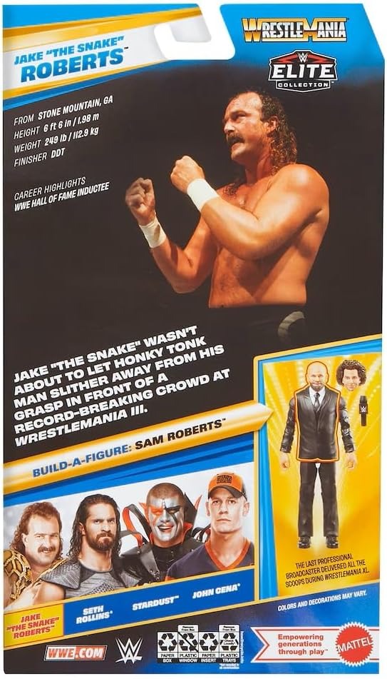 Mattel WWE Elite Collection Action Figure & Accessories, Premium Live Event Jake “The Snake” Roberts Set, Wrestlemania with Sam Roberts Build-A-Figure Parts