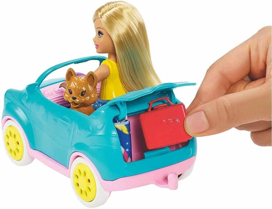 Barbie Club Chelsea Toy Car & Camper Playset, Blonde Chelsea Small Doll, Puppy & 10+ Accessories, Unhitch & Open for Campsite