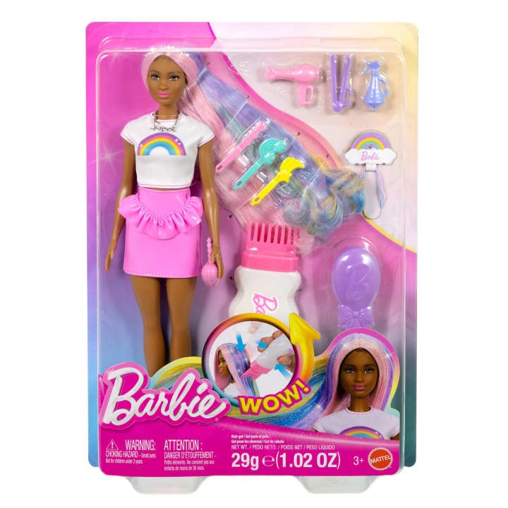 Barbie Rainbow Sparkle Hair Doll, Extra-Long and Colorful Hair with 12 Styling Accessories Like Glitter Tube, Brush, Clips, Dryer and More