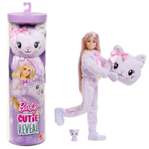 Barbie Cutie Reveal Doll & Accessories, Cuddly Series Kitten with 10 Surprises Including Color Change & Mini Pet