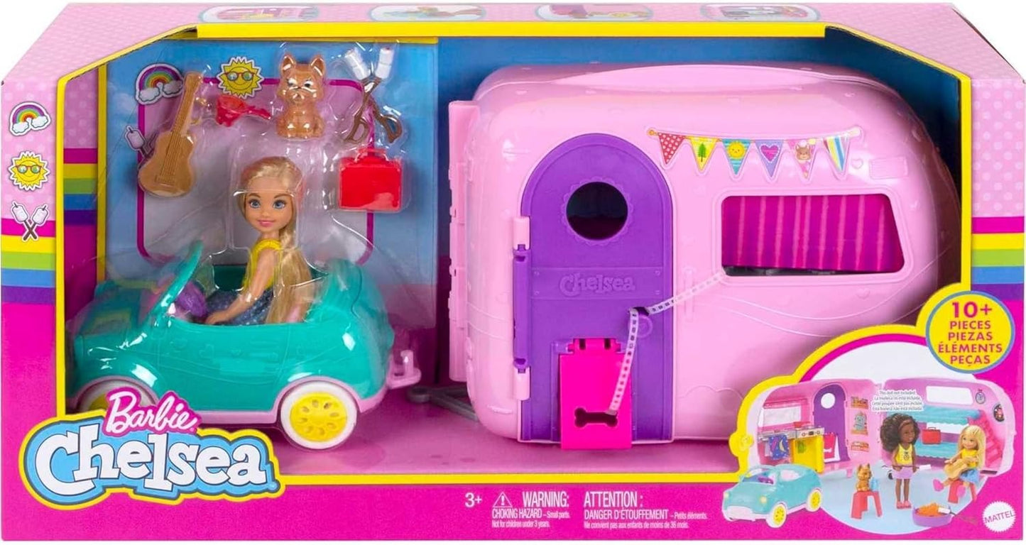 Barbie Club Chelsea Toy Car & Camper Playset, Blonde Chelsea Small Doll, Puppy & 10+ Accessories, Unhitch & Open for Campsite