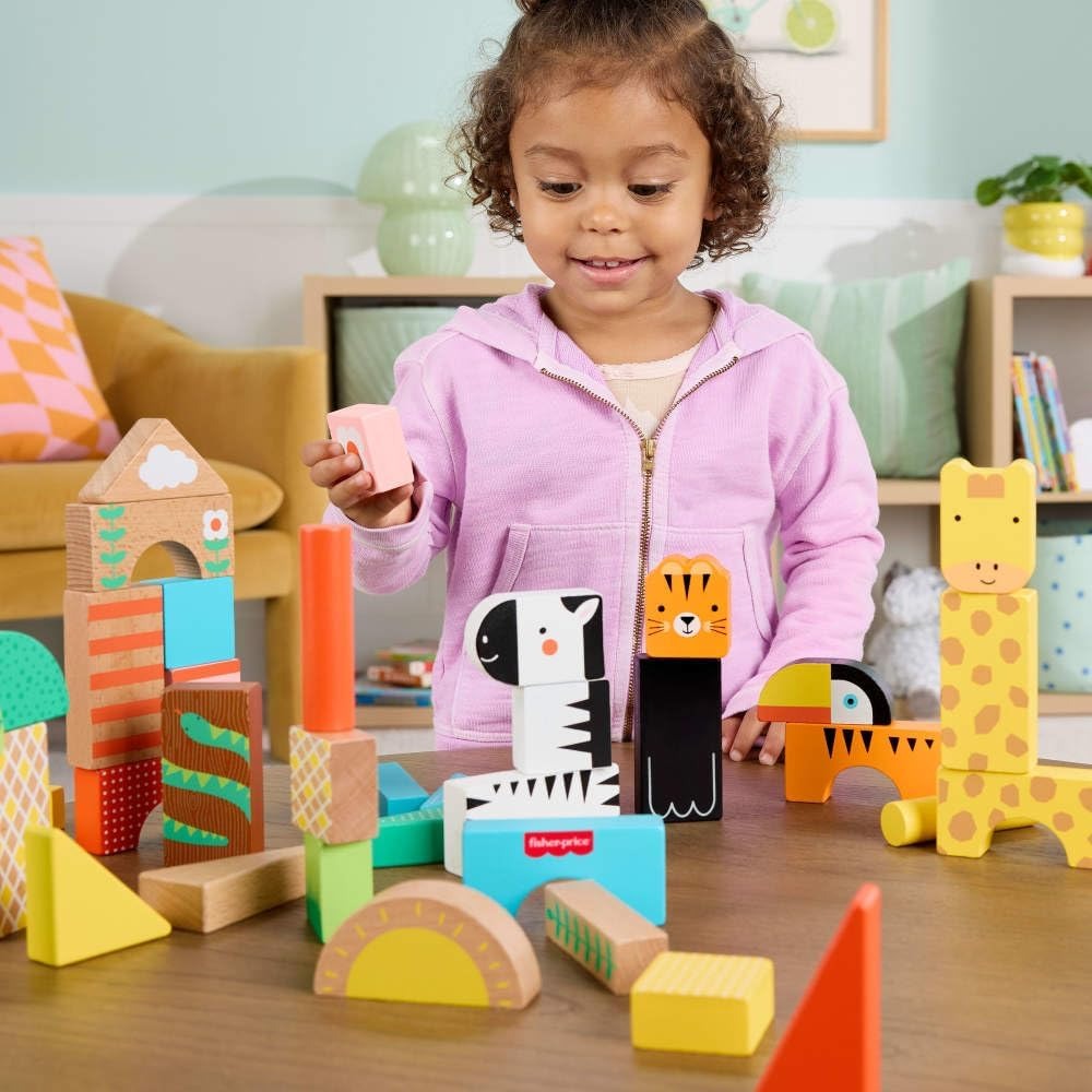 Fisher-Price Wood Toddler Toy Jungle Blocks, 50-Piece Wooden Animal Building Set for Preschool Pretend Play Kids Ages 2+ Years