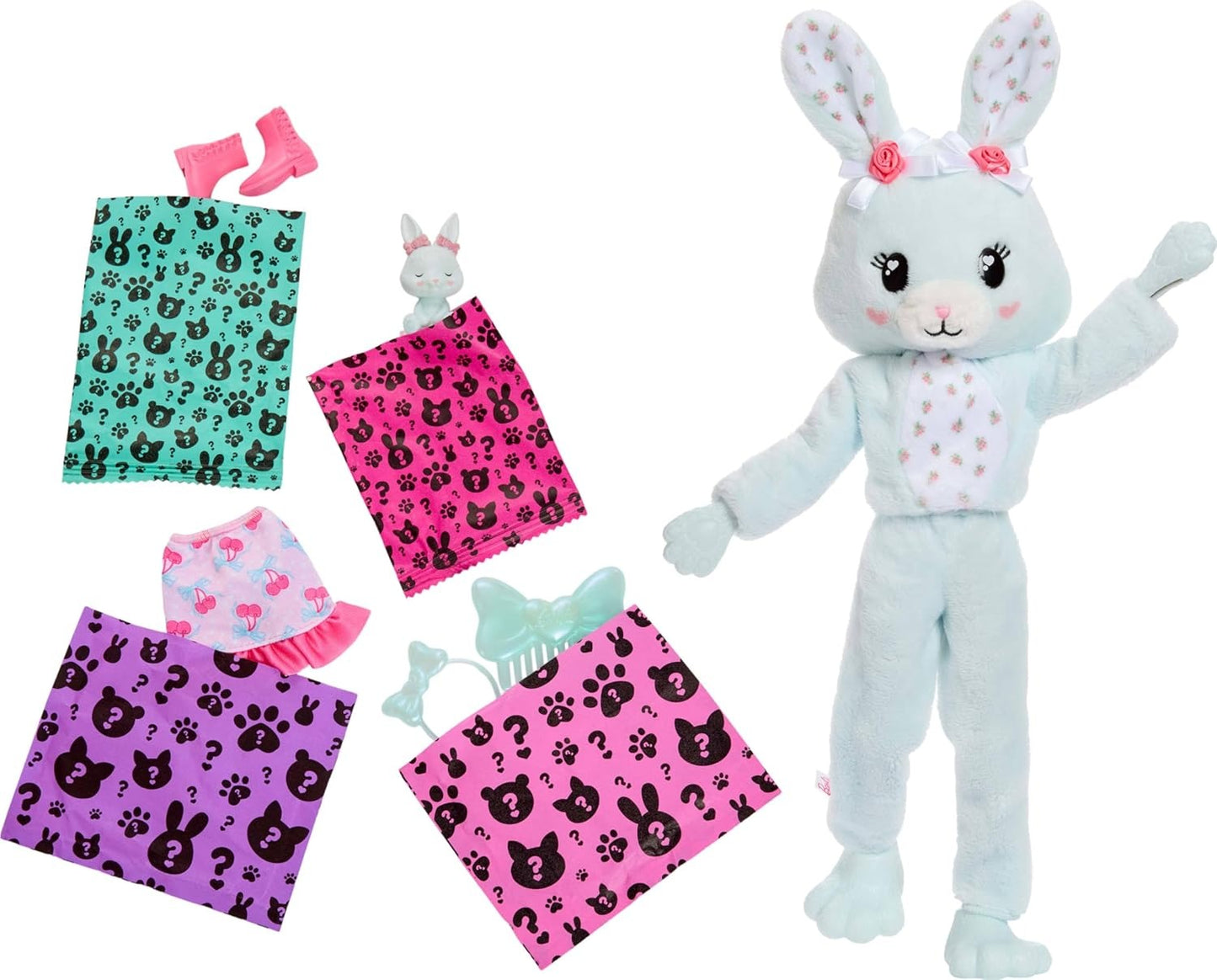 Barbie Cutie Reveal Doll & Accessories, Cuddly Series Bunny with 10 Surprises Including Color Change & Mini Pet