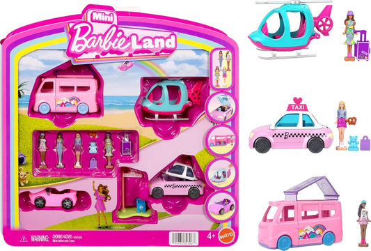 Barbie Mini Land 4-Pack, Set with 4 1.5-inch Mini Dolls, 4 Toy Vehicles & Themed Accessories, Includes DreamCamper