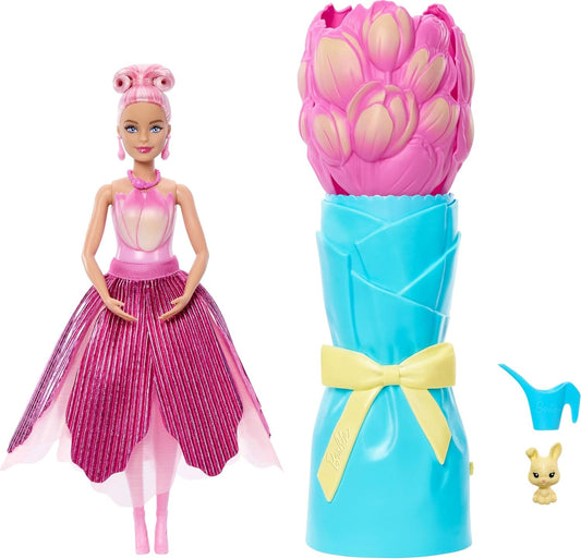 Barbie Petal Pop Scented Doll with Pink Tulip Dress & Accessories, Bouquet Reveal with Pet Bunny & Surprises Like Watering Can, Necklace & Earrings