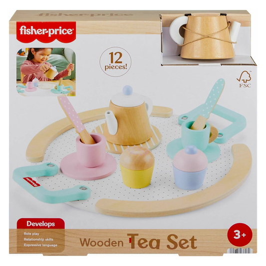 Fisher-Price Wood Pretend Play Toy Tea Set, 12-Piece Wooden Playset with Teapot, Cups & Saucers for Preschool Kids Ages 3+ Years