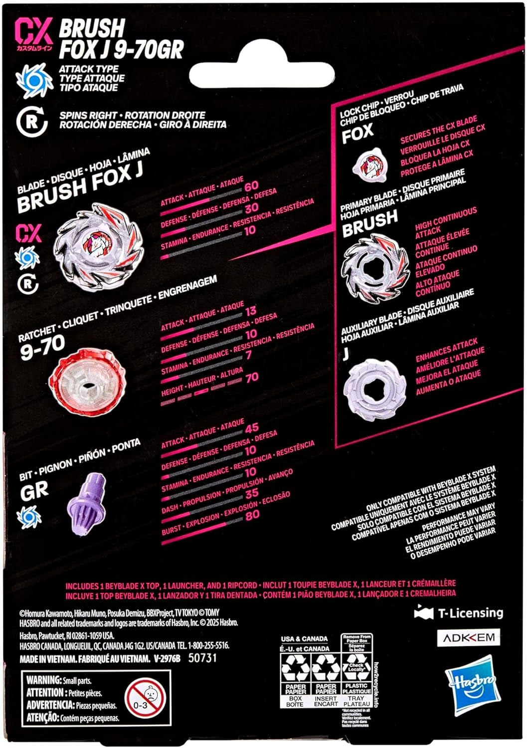 BEY BLADE X Brush Fox J 9-70GR CX Starter Pack Set, Takara Tomy Attack Type Top and Launcher, Battling Tops Game Toys, Ages 8+