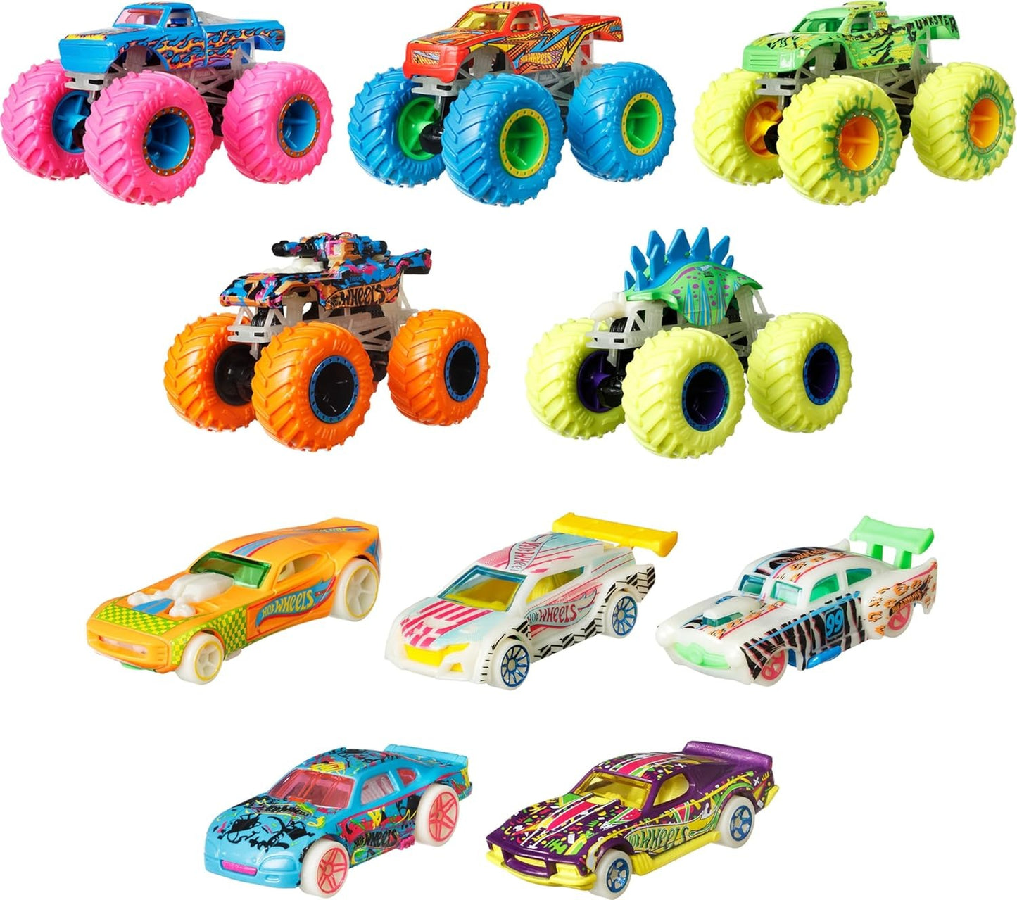 Hot Wheels Toy Monster Trucks 10-Pack of Glow-in-The-Dark 1:64 Scale Vehicles, GITD Set of 5 Trucks & 5 Cars, Play Vehicles for Kids & Collectors