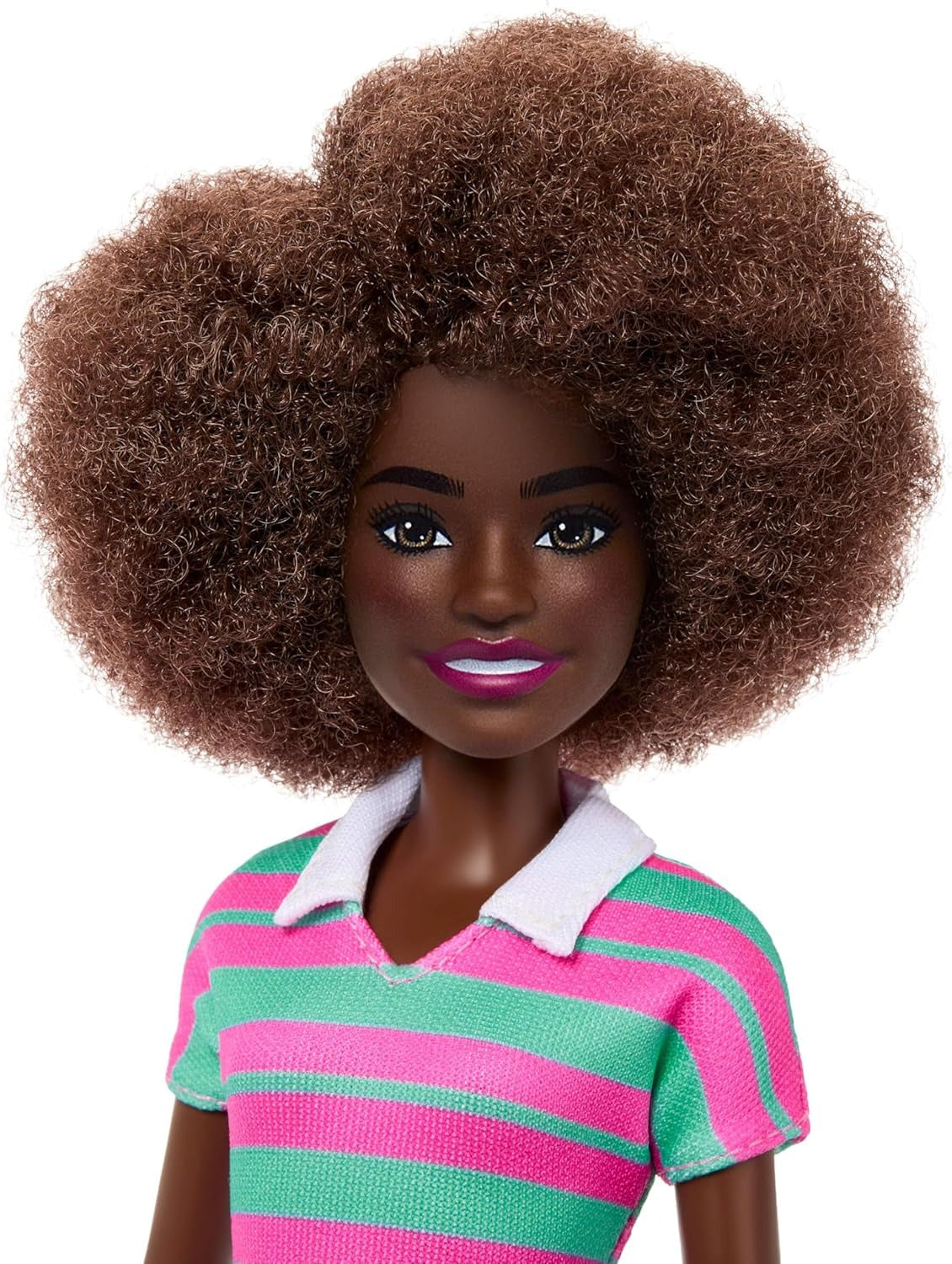 Barbie Fashionistas Doll #247 with Curly Black Hair, Pink and Green Striped Collared Dress with Accessories Like Orange Watch and White Sneakers