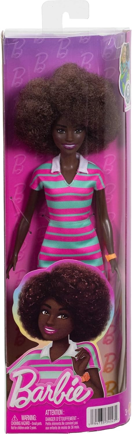 Barbie Fashionistas Doll #247 with Curly Black Hair, Pink and Green Striped Collared Dress with Accessories Like Orange Watch and White Sneakers