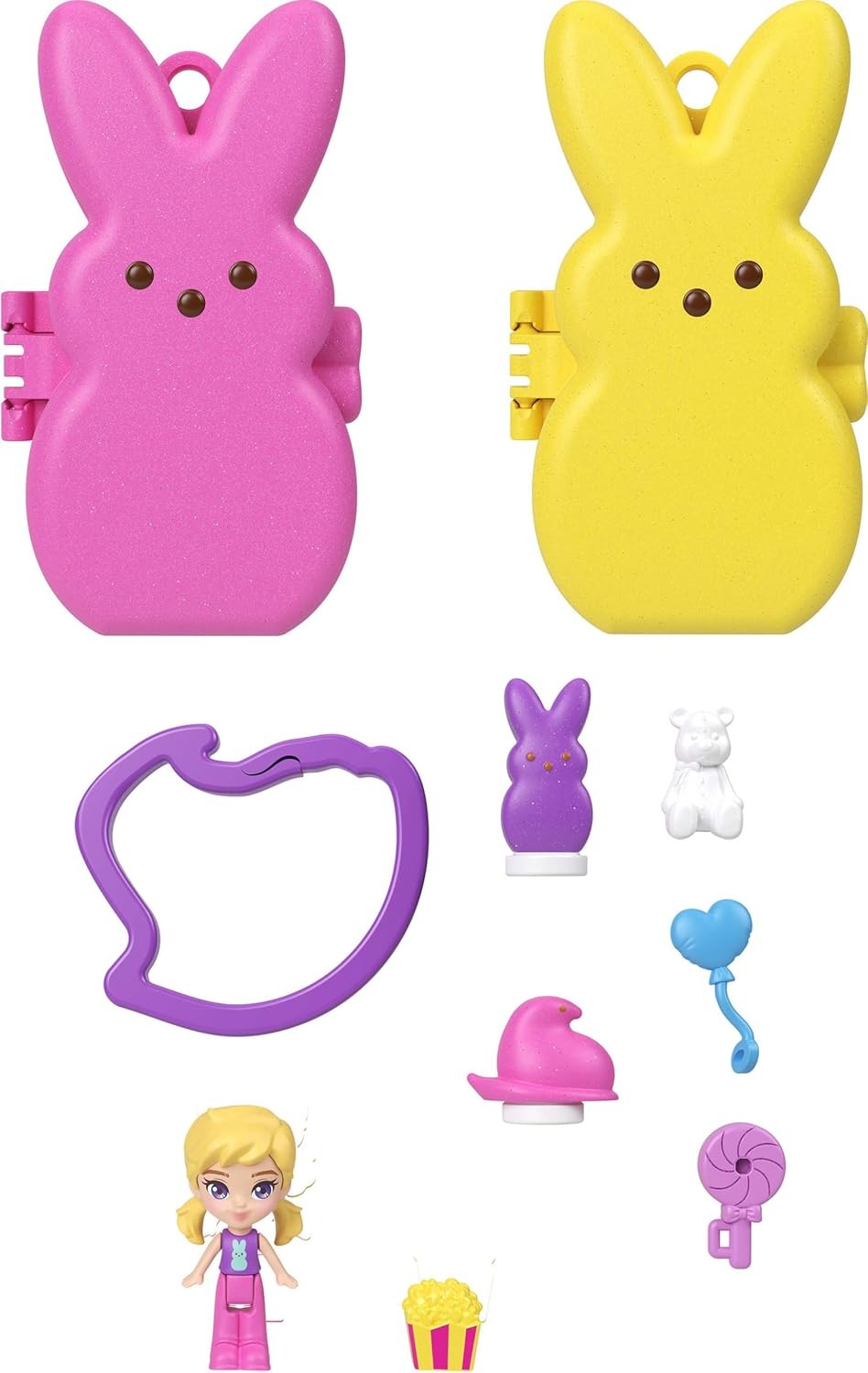 Polly Pocket x Peeps, Micro Doll & 2 Playsets with 7 Themed Accessories, Keychain Clip, Travel Toy, Partnership Compact