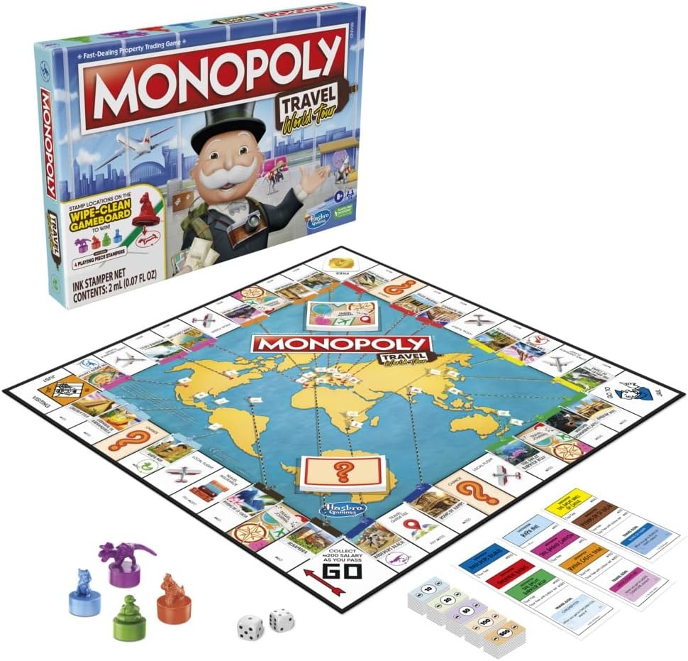 Monopoly Travel World Tour Board Game for Families and Kids Ages 8+, Includes Token Stampers and Dry-Erase Gameboard