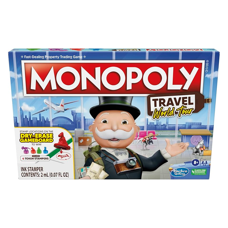 Monopoly Travel World Tour Board Game for Families and Kids Ages 8+, Includes Token Stampers and Dry-Erase Gameboard