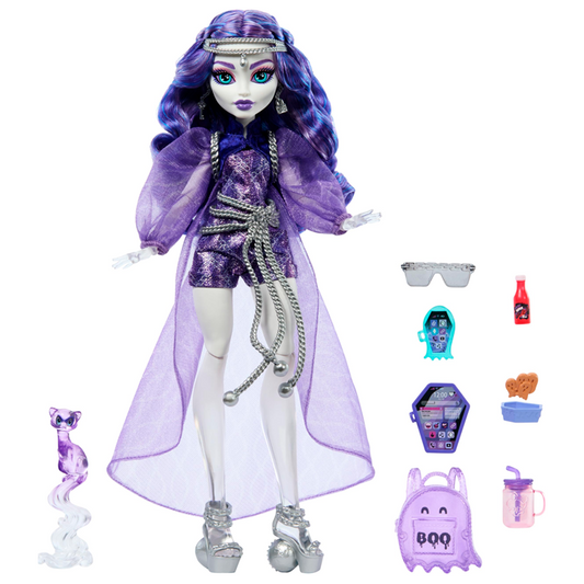 Monster High Spectra Vondergeist Doll with Pet Ferret Rhuen and Accessories Like Backpack, Tablet, Snacks and More