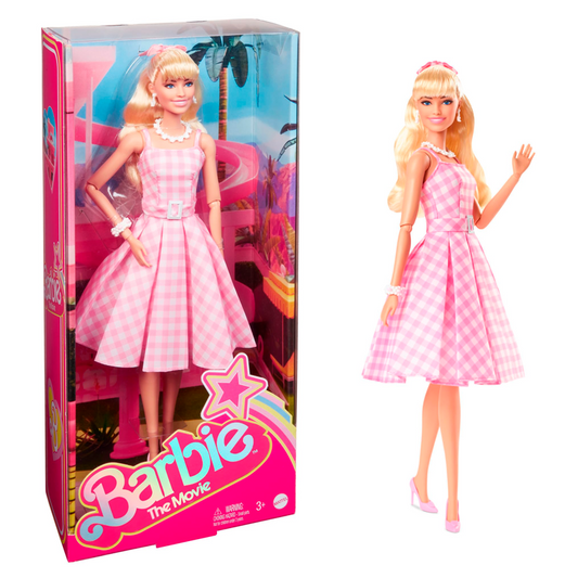 Barbie The Movie Doll, Margot Robbie as, Collectible Doll Wearing Pink & White Gingham Dress with Daisy Chain Necklace