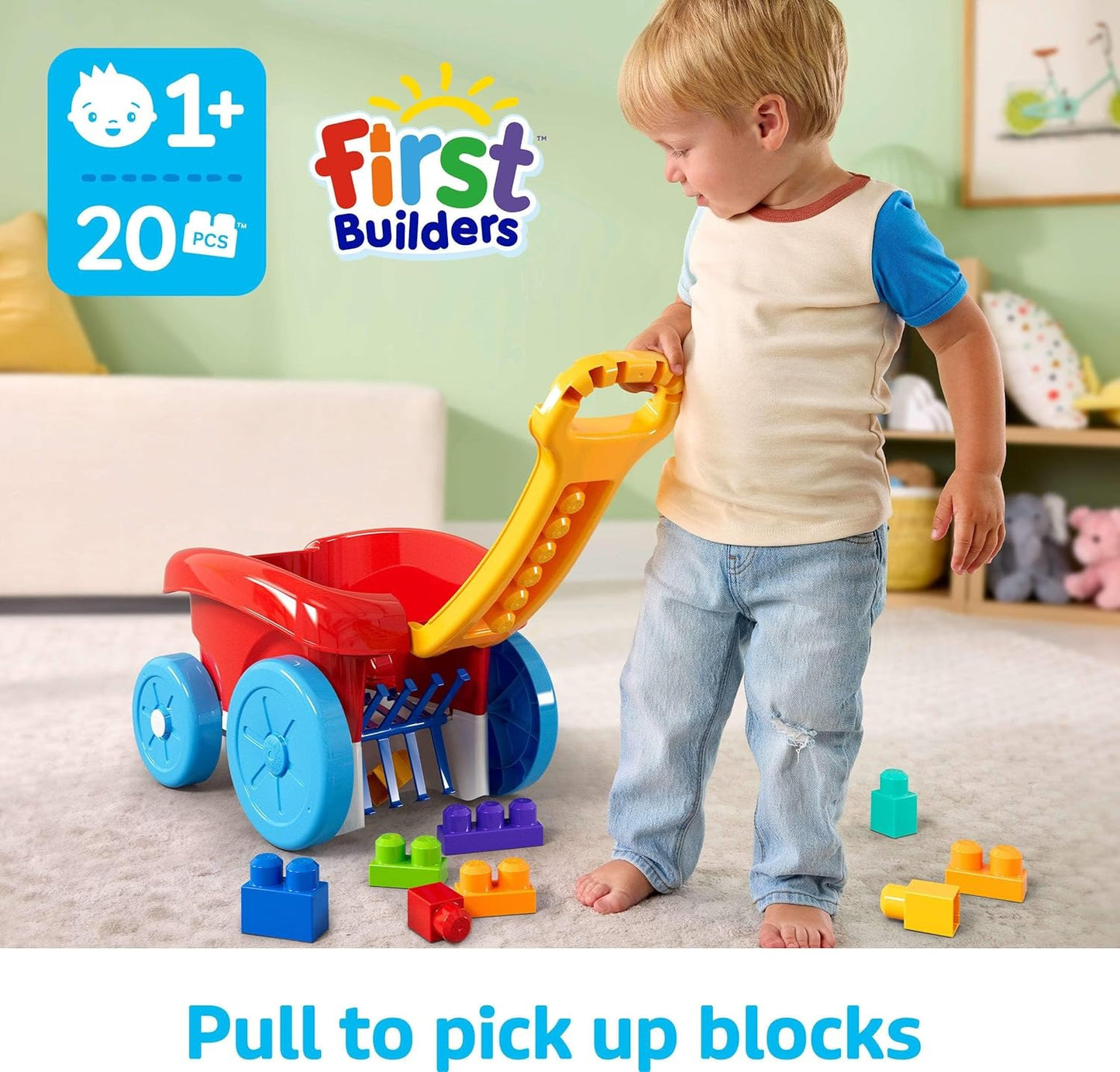 MEGA BLOKS First Builders Toddler Building Toy, Block Scooping Pull Wagon with 20 Pieces and Built-in Storage, Picks Up Blocks, Red, Kids Ages 1+