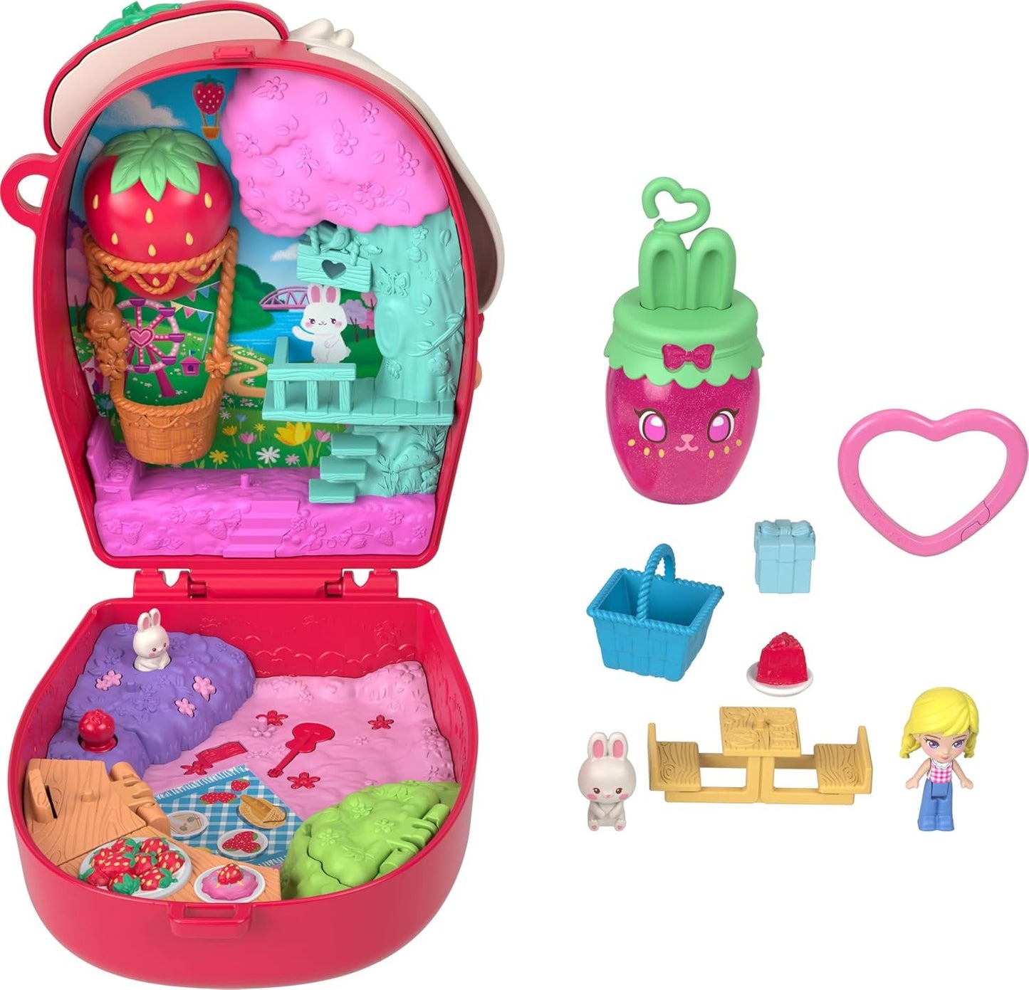 Polly Pocket Dolls and Playset, Strawberry Picnic Bunny Compact, Travel Toy with 1 Micro Doll, Pet, Fruit Themed Accessories