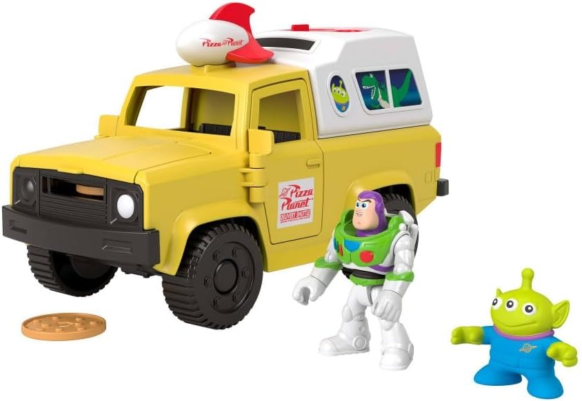 Fisher-Price Imaginext Disney and Pixar Toy Story Pizza Planet Truck with 3-inch Buzz Lightyear & Alien Friend Action Figures, Toy Vehicle & Pizza Projectile Accessories