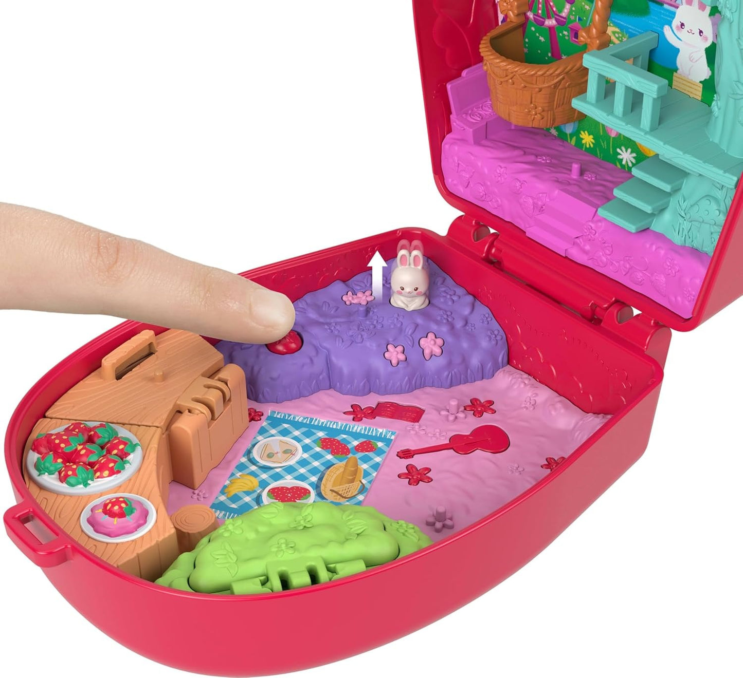 Polly Pocket Dolls and Playset, Strawberry Picnic Bunny Compact, Travel Toy with 1 Micro Doll, Pet, Fruit Themed Accessories