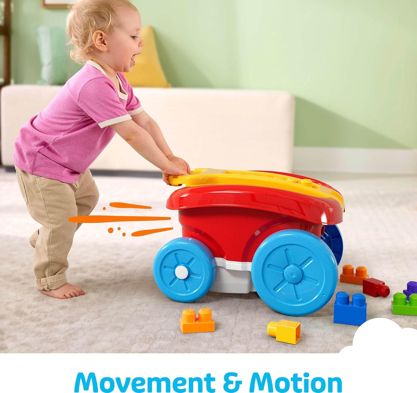 MEGA BLOKS First Builders Toddler Building Toy, Block Scooping Pull Wagon with 20 Pieces and Built-in Storage, Picks Up Blocks, Red, Kids Ages 1+