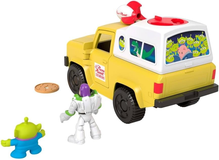 Fisher-Price Imaginext Disney and Pixar Toy Story Pizza Planet Truck with 3-inch Buzz Lightyear & Alien Friend Action Figures, Toy Vehicle & Pizza Projectile Accessories