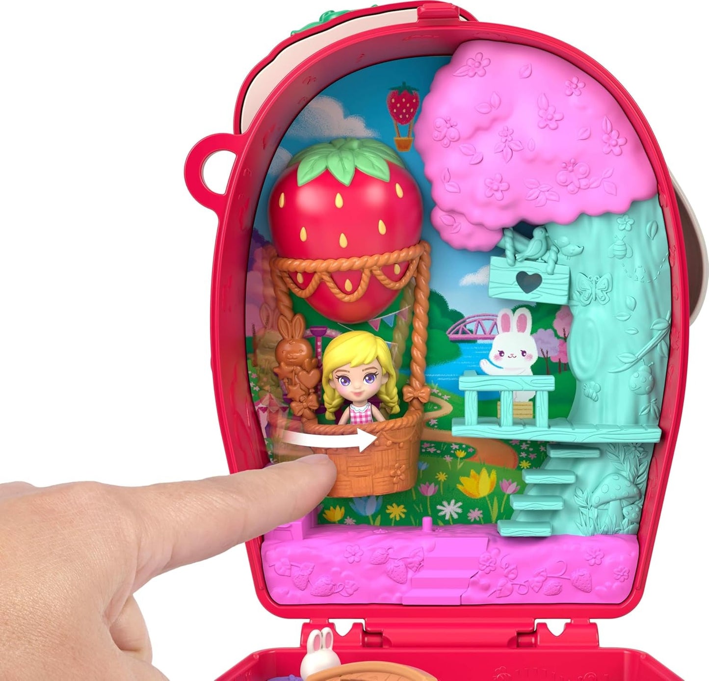 Polly Pocket Dolls and Playset, Strawberry Picnic Bunny Compact, Travel Toy with 1 Micro Doll, Pet, Fruit Themed Accessories