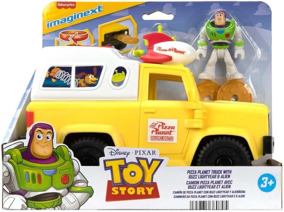 Fisher-Price Imaginext Disney and Pixar Toy Story Pizza Planet Truck with 3-inch Buzz Lightyear & Alien Friend Action Figures, Toy Vehicle & Pizza Projectile Accessories