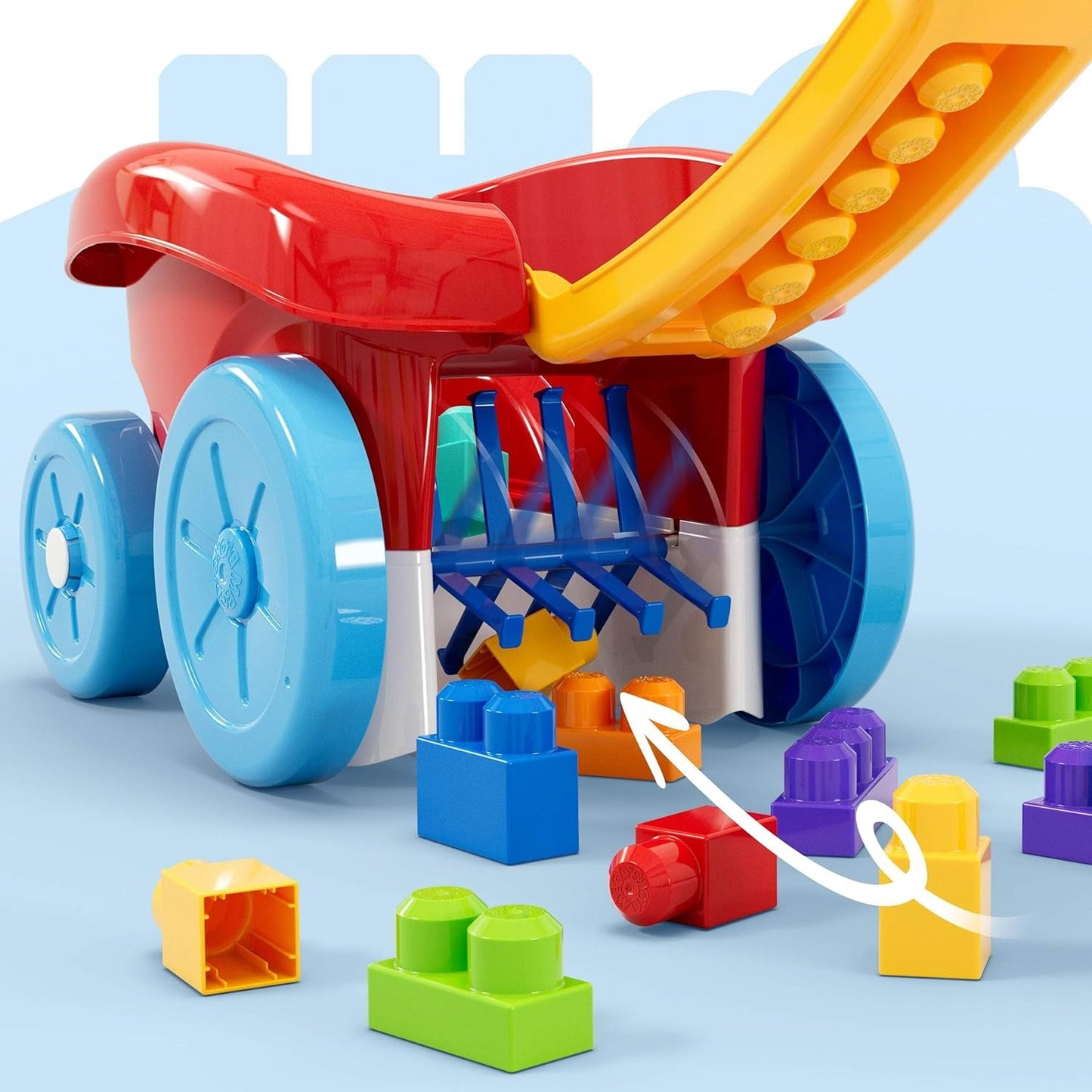 MEGA BLOKS First Builders Toddler Building Toy, Block Scooping Pull Wagon with 20 Pieces and Built-in Storage, Picks Up Blocks, Red, Kids Ages 1+