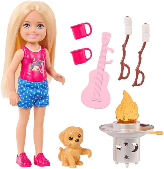 Barbie Chelsea Outdoor Adventures Playset, Family & Friends Set with Small Blonde Doll, Pet Puppy & 5+ Camping Accessories