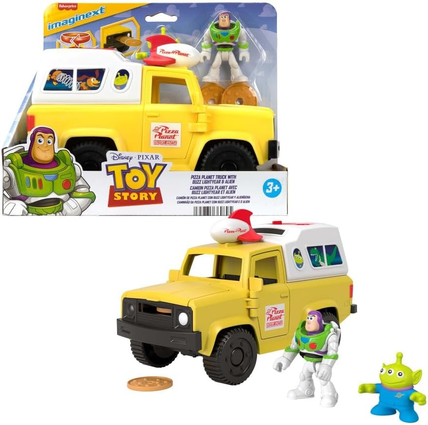 Fisher-Price Imaginext Disney and Pixar Toy Story Pizza Planet Truck with 3-inch Buzz Lightyear & Alien Friend Action Figures, Toy Vehicle & Pizza Projectile Accessories