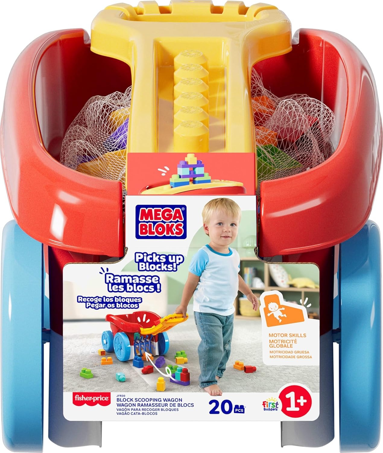 MEGA BLOKS First Builders Toddler Building Toy, Block Scooping Pull Wagon with 20 Pieces and Built-in Storage, Picks Up Blocks, Red, Kids Ages 1+