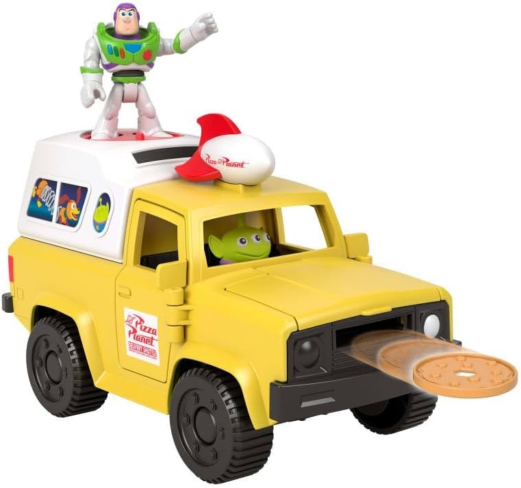Fisher-Price Imaginext Disney and Pixar Toy Story Pizza Planet Truck with 3-inch Buzz Lightyear & Alien Friend Action Figures, Toy Vehicle & Pizza Projectile Accessories