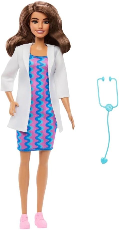 Barbie Careers Doctor Fashion Doll Wearing Removable Look with White Coat, Dress & Shoes, Plus Stethoscope Accessory