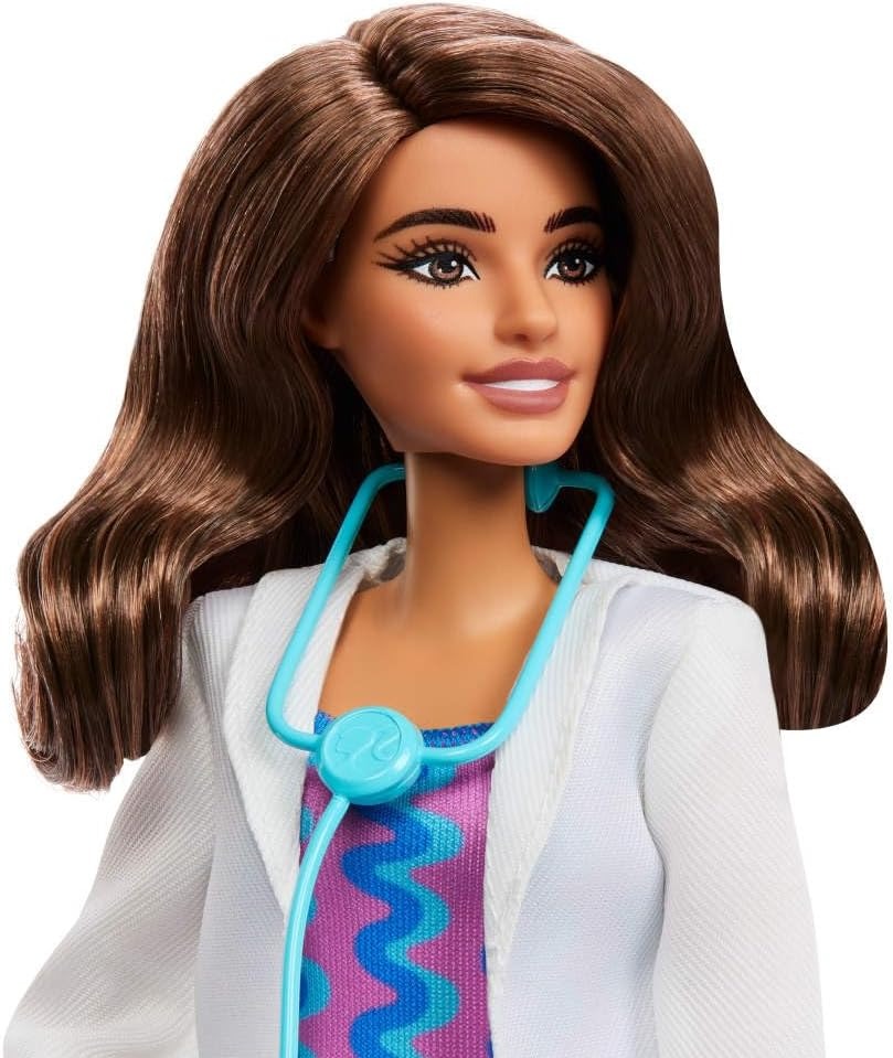 Barbie Careers Doctor Fashion Doll Wearing Removable Look with White Coat, Dress & Shoes, Plus Stethoscope Accessory
