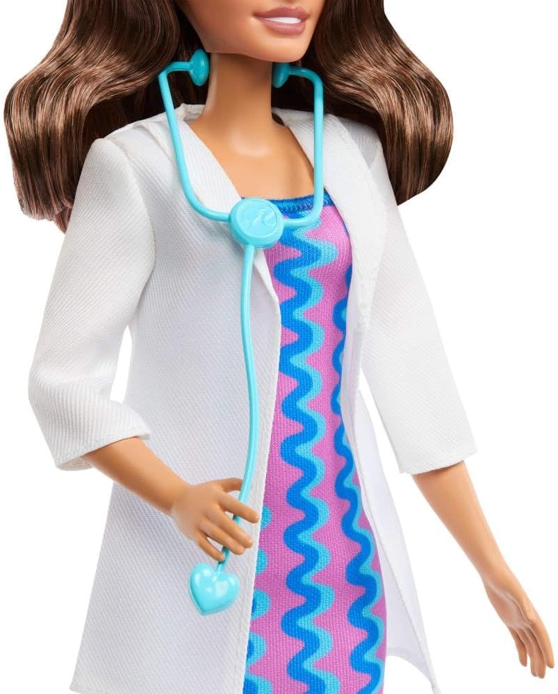 Barbie Careers Doctor Fashion Doll Wearing Removable Look with White Coat, Dress & Shoes, Plus Stethoscope Accessory