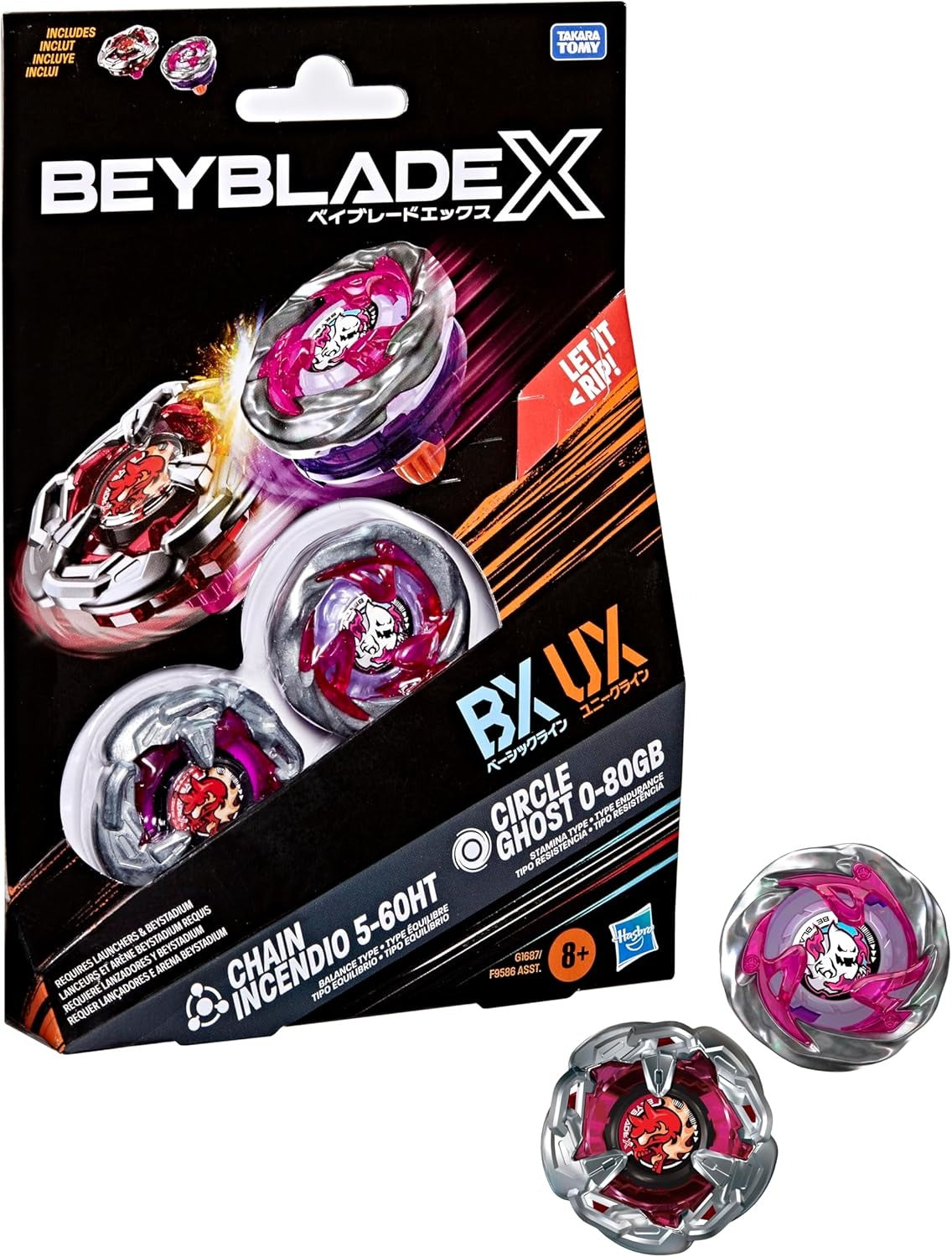 Beyblade X Circle Ghost 0-80GB UX & Chain Incendio 5-60HT BX Takara Tomy Dual Pack Set with 2 Right-Spinning Tops, Battling Tops Game Toys, Ages 8+
